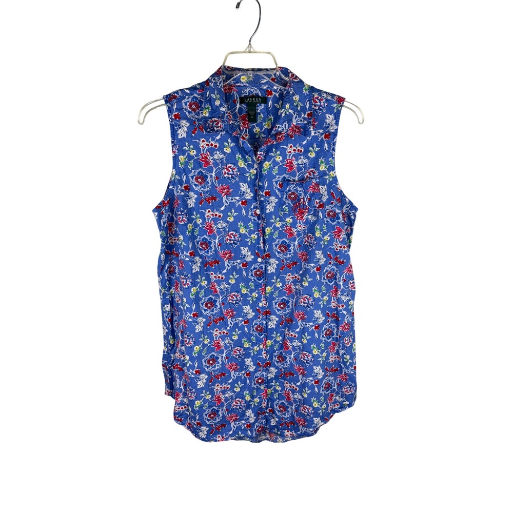 Lauren Ralph Lauren Blue Floral Cotton Sleeveless Button Shirt Dress XL Monogram